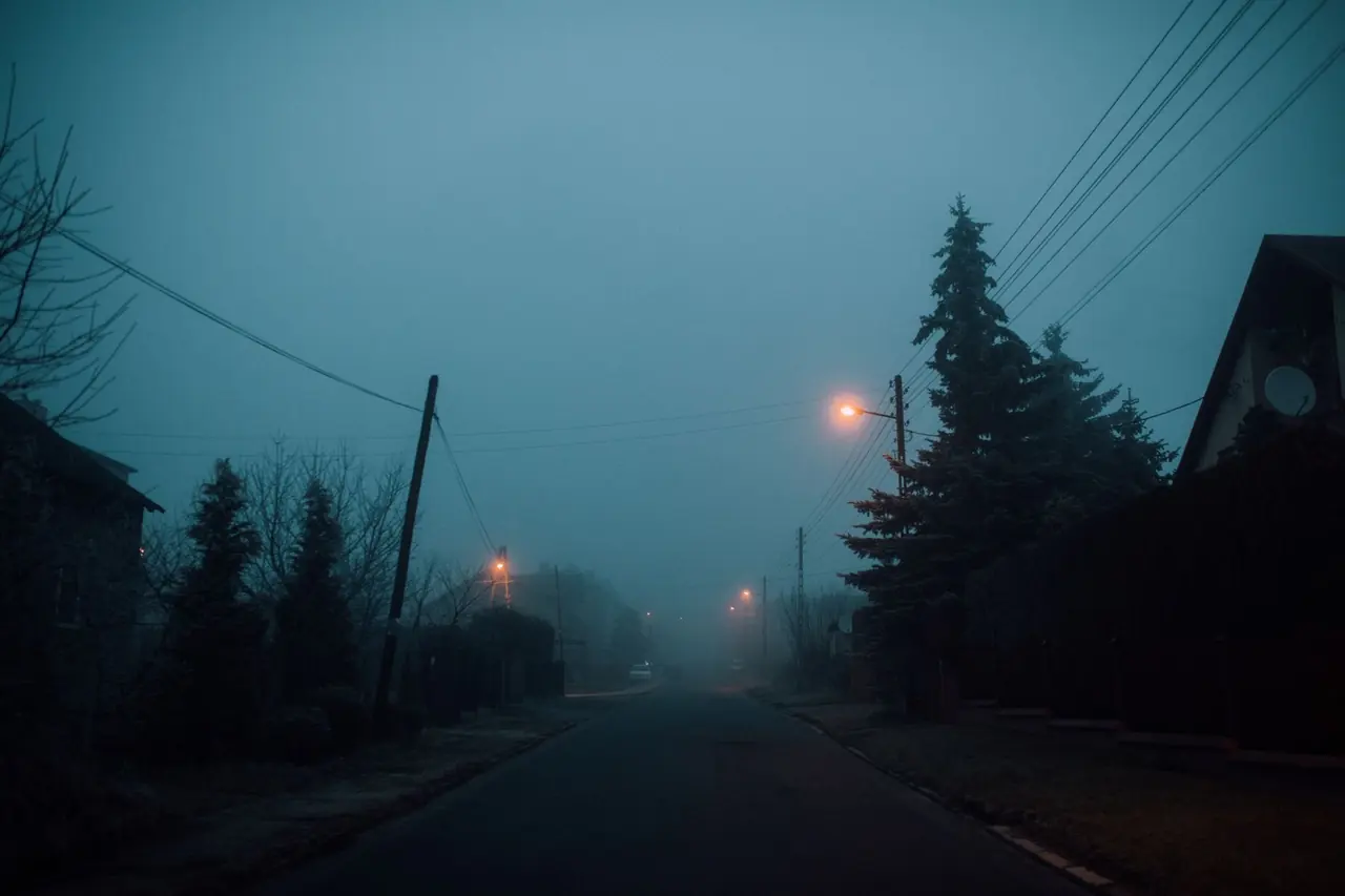 Rue brumeuse la nuit avec lampadaires et fils électriques