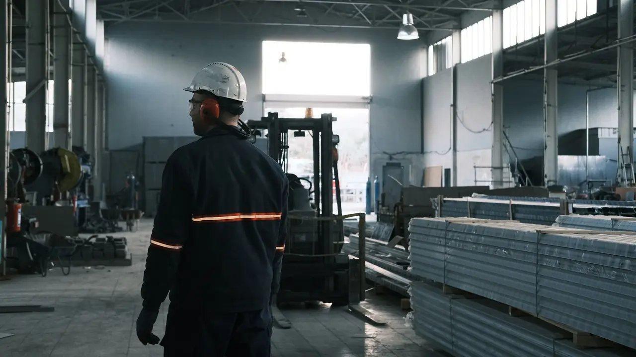 Travailleur casqué vu de dos dans un atelier industriel près d'un chariot élévateur